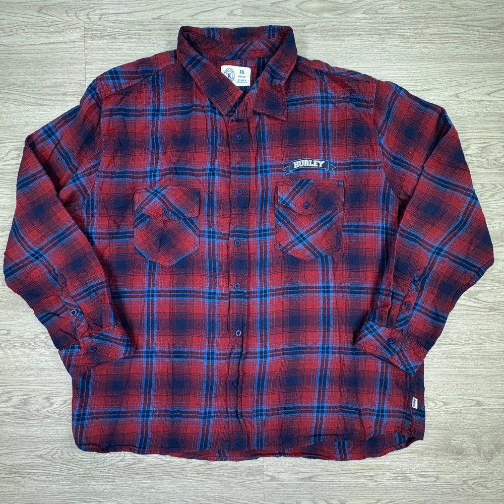Hurley Men's Flannel Shirt Red Blue Plaid Long Sleeve Button Down XXL Casual